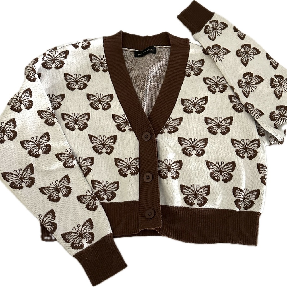 Social Scene Oversized Brown and White Butterfly Cardigan Women’s Size XS